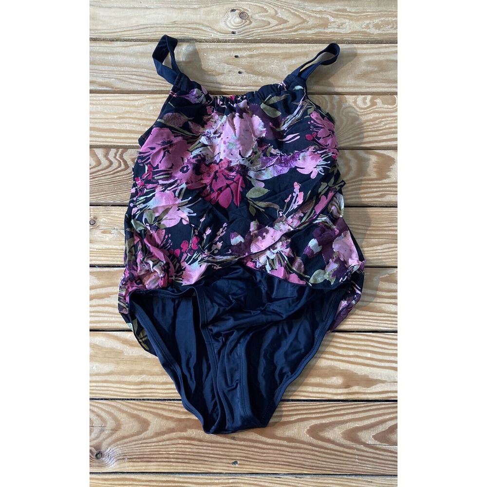 NEW Denim & Co Floral Halter Neck Draped One Piece Swimsuit Size 4 Women’s Black